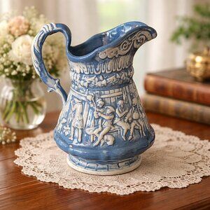 Vintage Red Bird Craft Blue & White Pottery Pitcher | Made in USA
